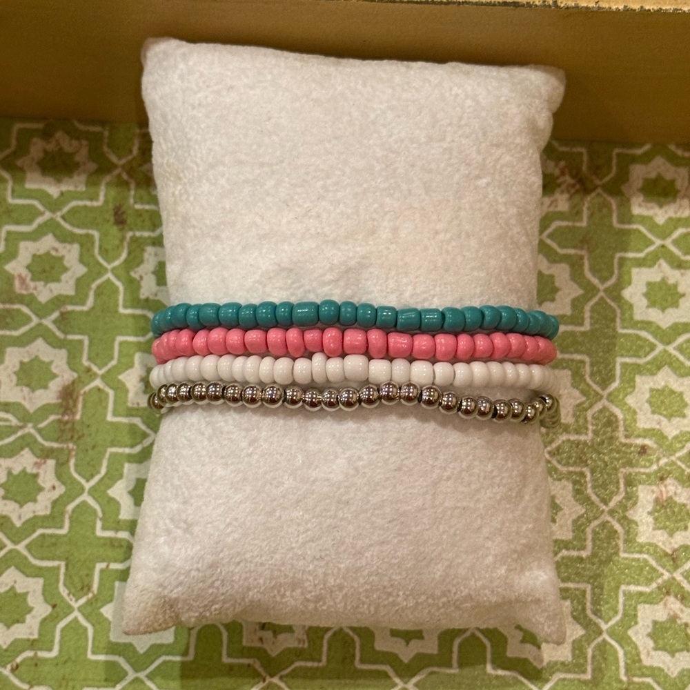 Pastel Heart Beaded Stretch Bracelet Stack – Teal, Pink & White – 4 Piece Set - Picture 3 of 9